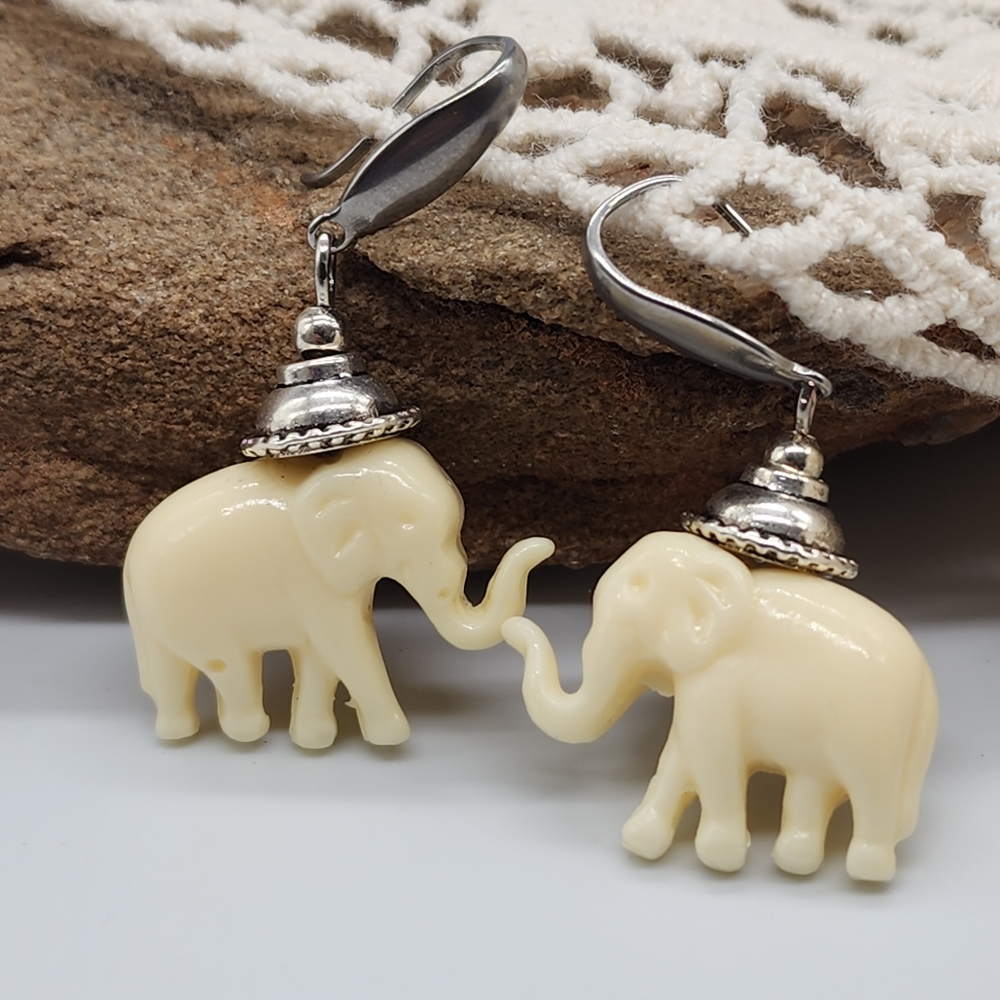 Silver Earrings White Elephant Head Hypoallergenic Surgical Steel Hooks